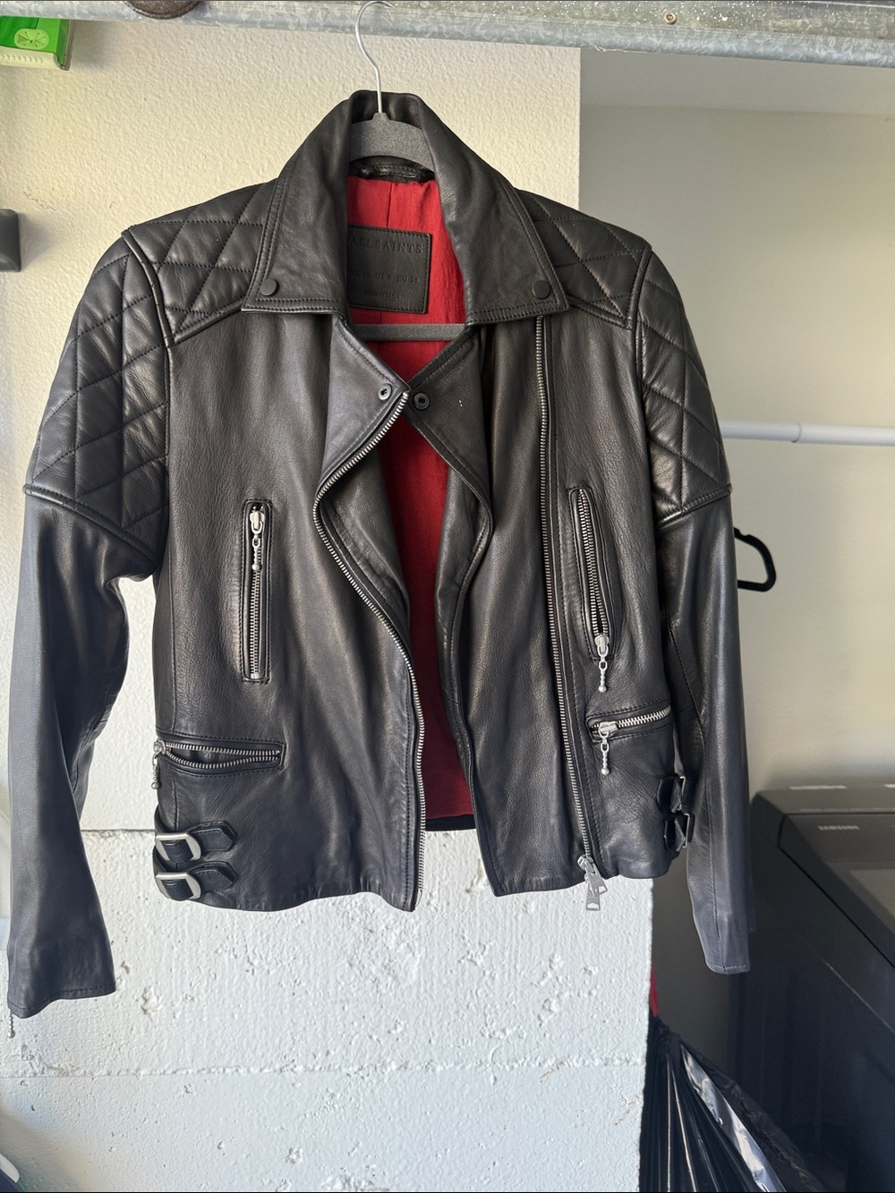 All Saints Black Leather Moto Jacket with Quilted Shoulders - Picture 2 of 4